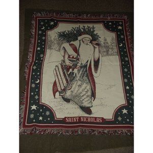 Saint Nicholas Throw Blanket 48"x60" Christmas afghan fringe wall hanging beige